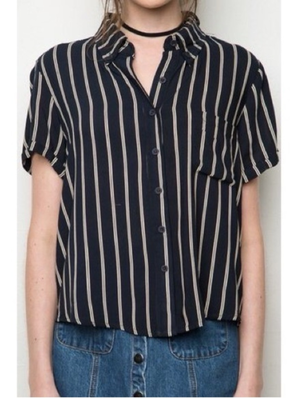Button-Front Short Sleeve Stripe Shirt - navy /Cream